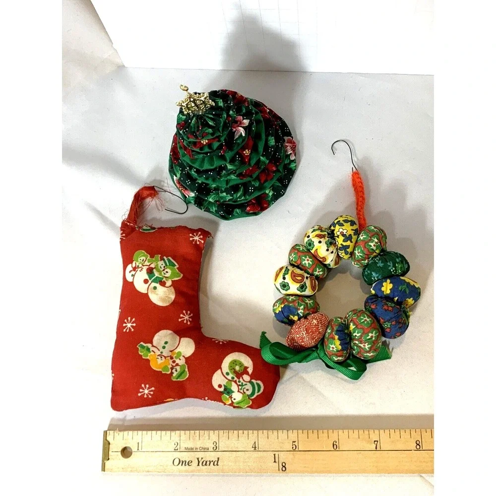 Quilted Fabric Christmas Ornaments Hand Made Stocking Tree Wreath Set of 3 VINTG